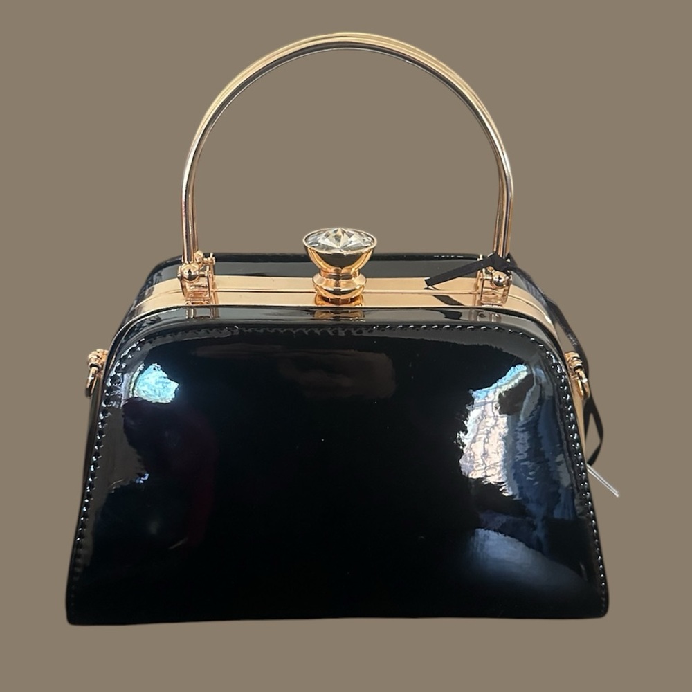 Black Patent Top-Handle Evening Bag with Gold Hardware
